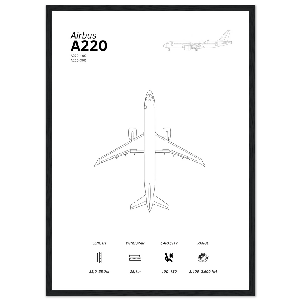 airbus a220 poster, a220 fine art, airbus poster, front view, framed poster, aviation poster.